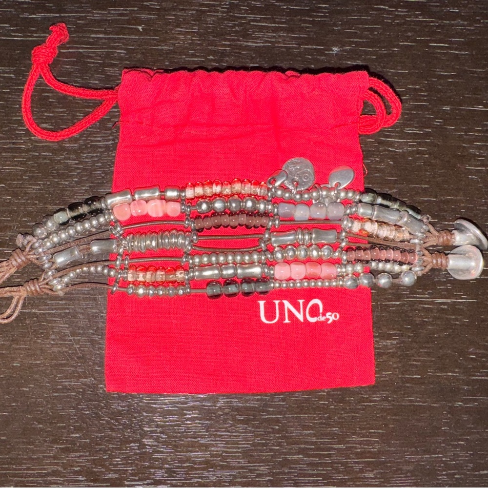 UNOde50 Silver-Plated and Multicolor Beaded Leather Bracelet